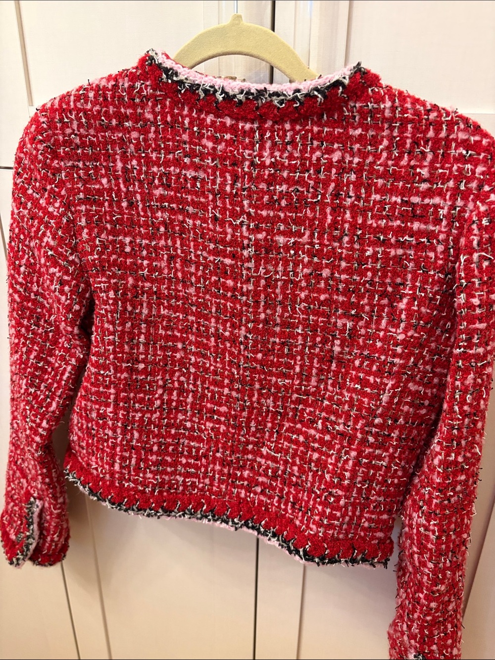 Red Tweed Bouclé Cropped Blazer with Contrast Trim - Picture 9 of 10